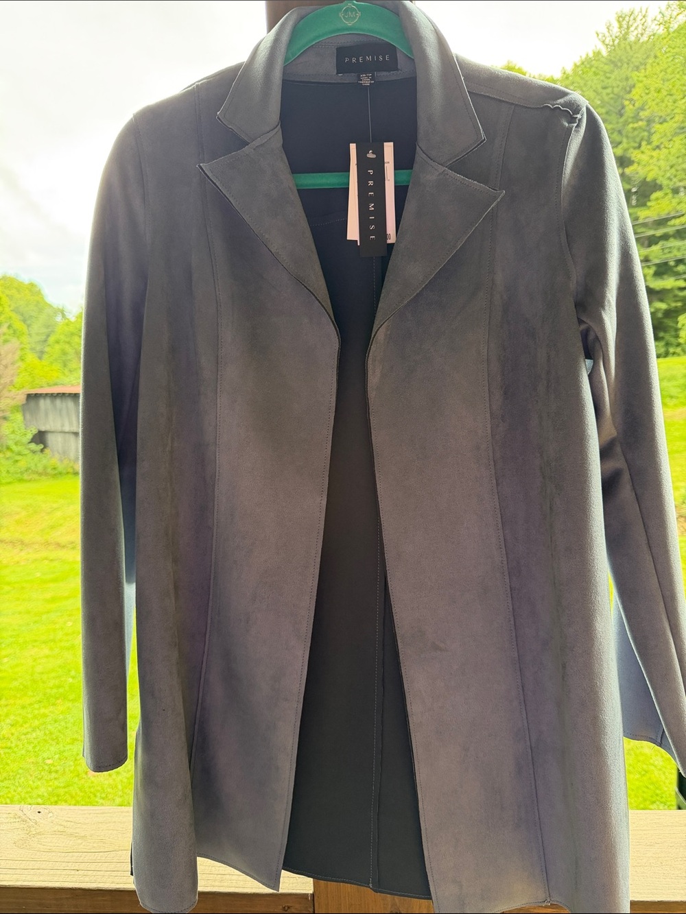 Premise Women's Slate Blue Suede-Look Open Front Trench Coat